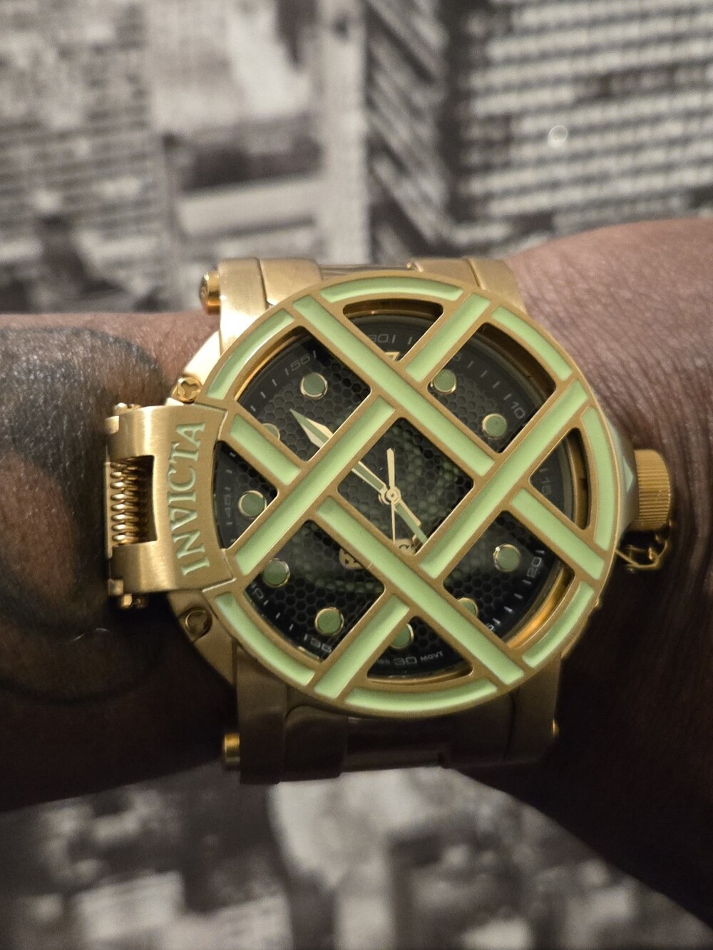 Invicta Gold Watch with Mint Green Cage Overlay